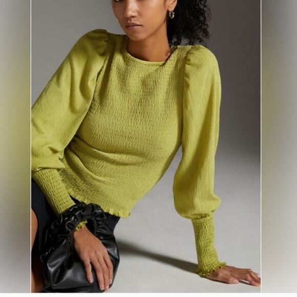 Anthropologie smocked puff sleeve leaf green Top size Small - Picture 2 of 10
